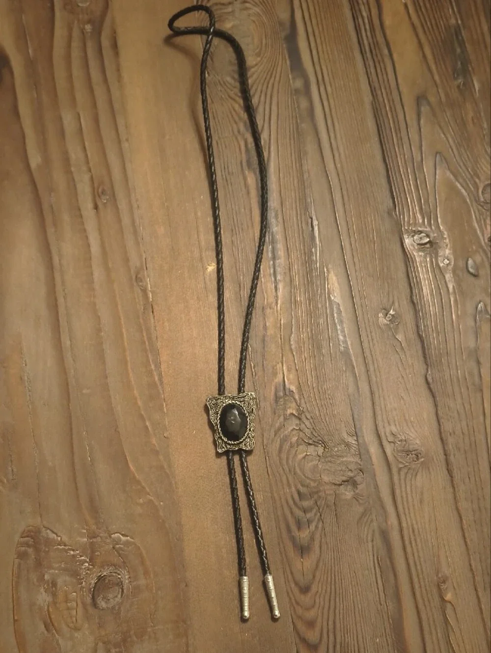 Western Black Bolo Tie with Ornate Silver-tone Stone Slide